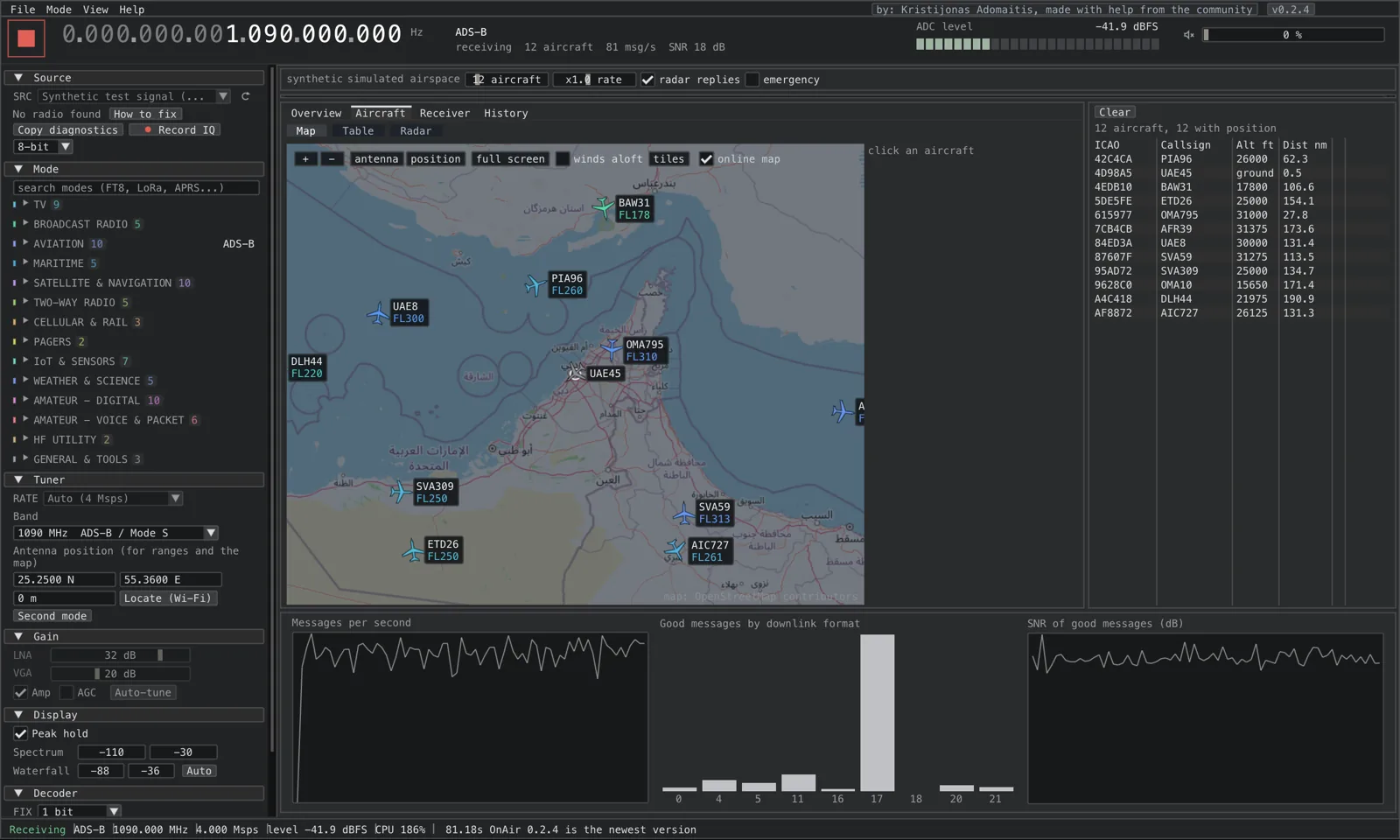OnAir ADS-B screen: aircraft on a map with a table of callsigns, altitude and distance