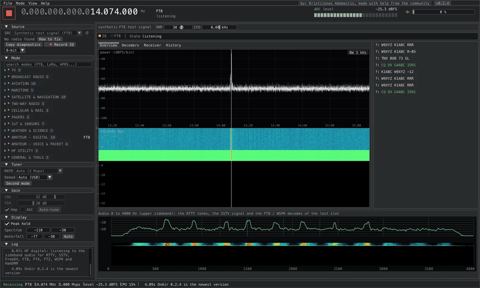 OnAir FT8 screen decoding weak-signal amateur contacts